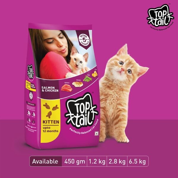 Top tail Kitten Dry Cat Food - 400 gm (Upto 12 Months) | Perfectly Balanced Cat Food with Salmon & Chicken | Fortified with Vitamins & Minerals - Image 2