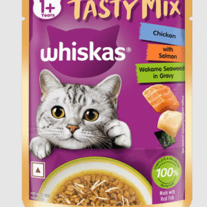 Whiskas Adult (1+ year) Tasty Mix Wet Cat Food Made With Real Fish, Chicken With Salmon Wakame Seaweed in Gravy 70gm